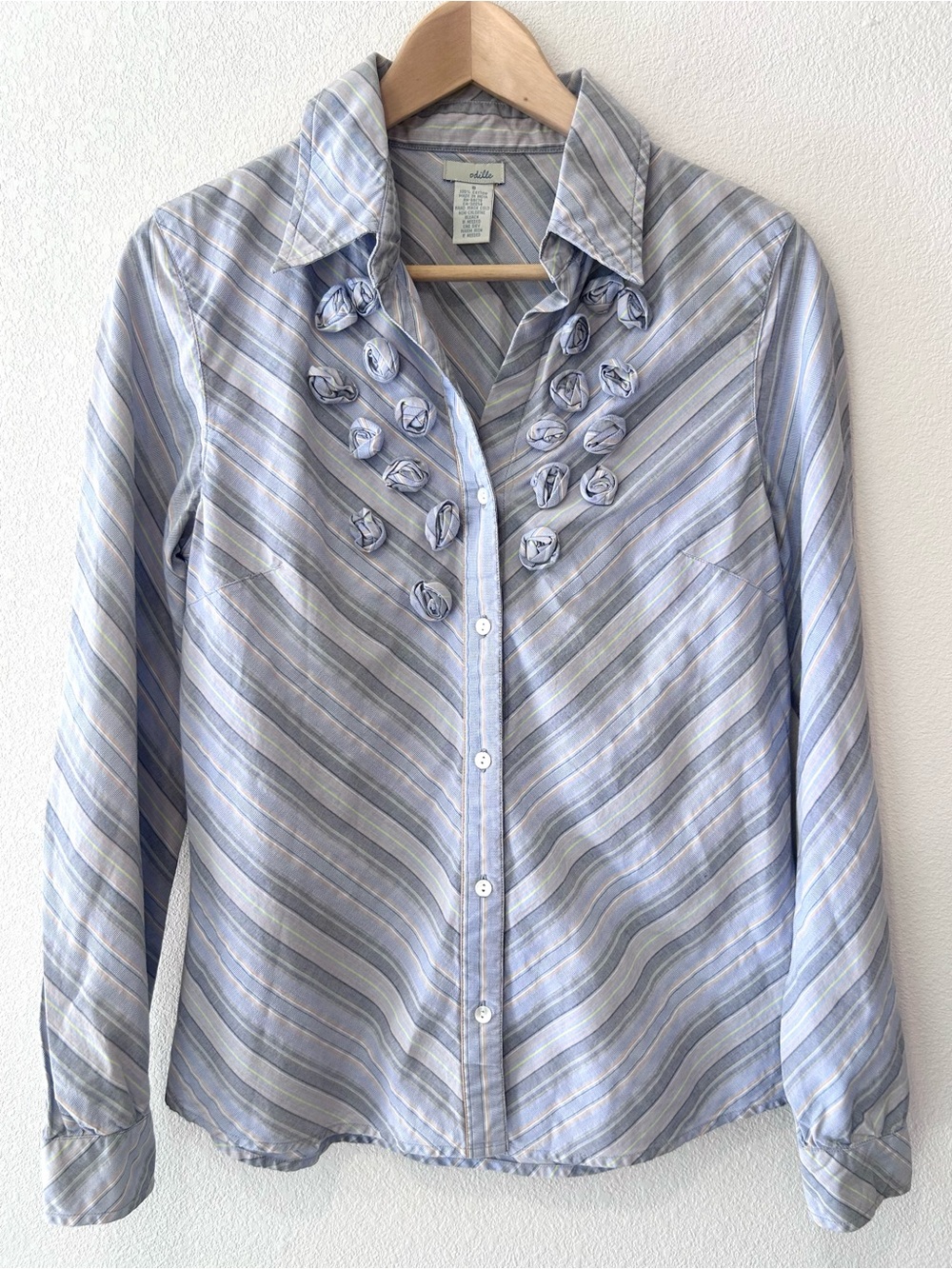 Anthropologie Odille Blue Stripe Cotton Rosette Appliqué Button Down Top Size 8